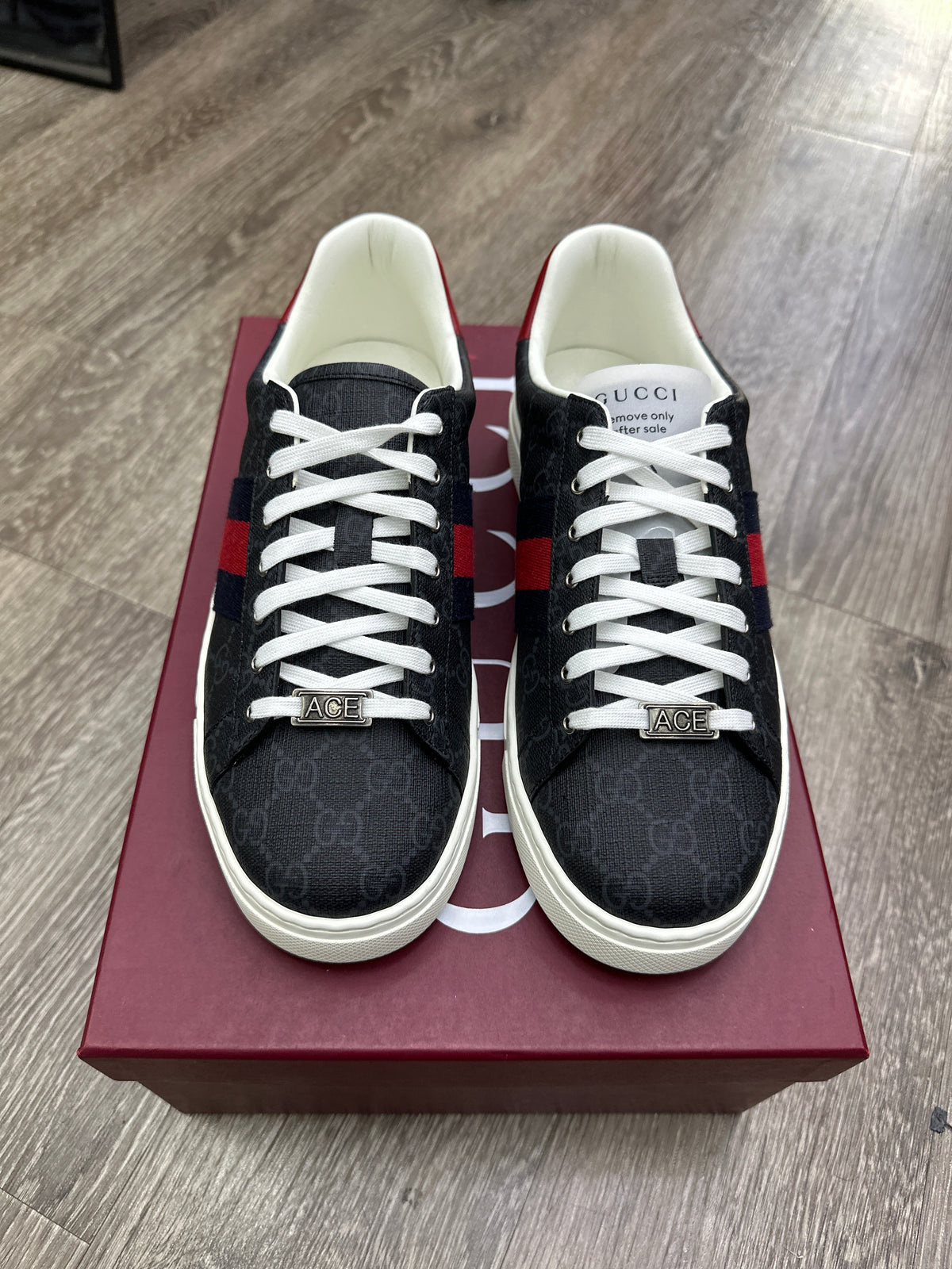 Gucci Ace Black GG Supreme Red/Blue Stripe New