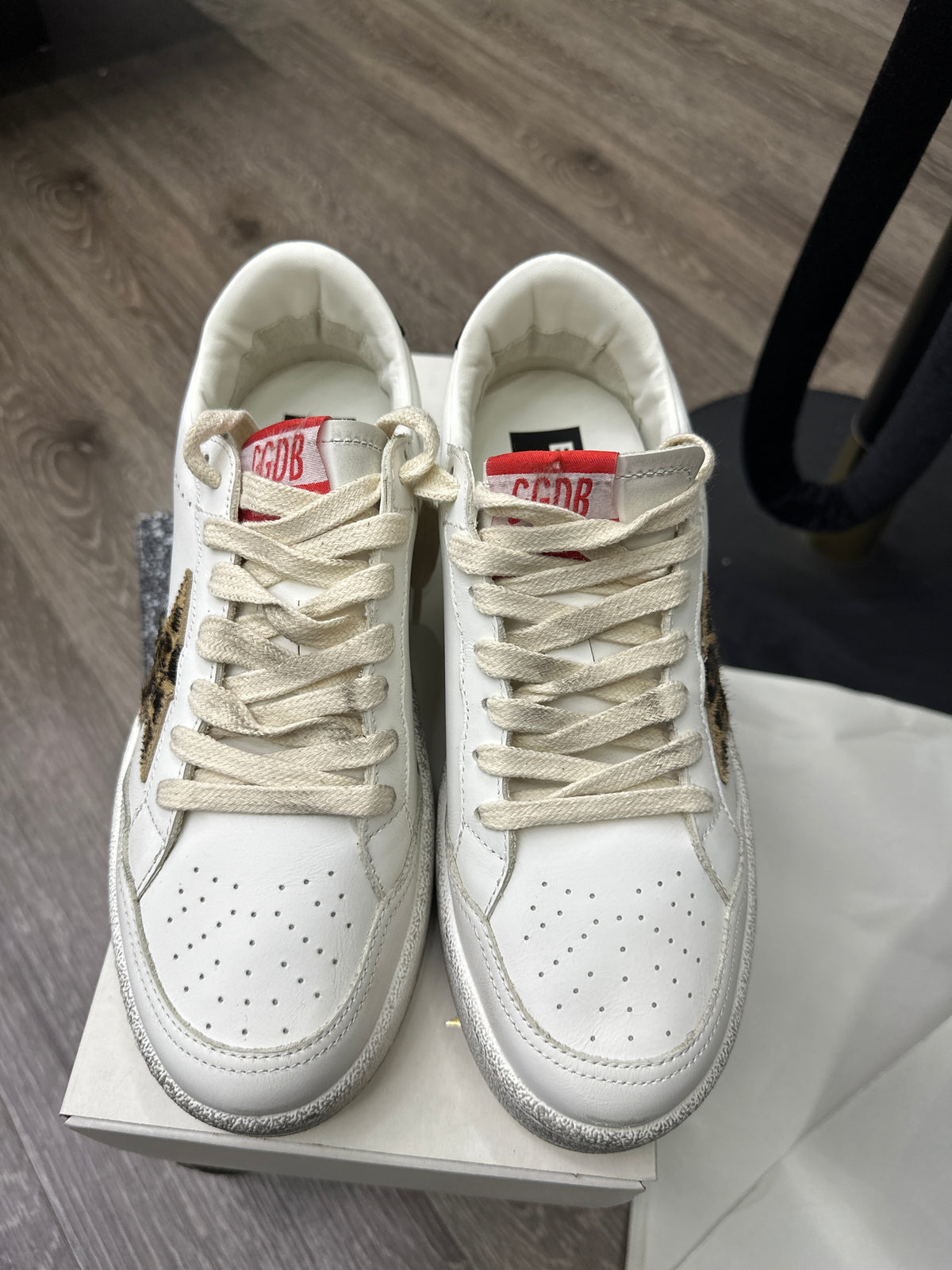 Golden Goose Ball Star White W/Leopard Pony Star Preloved