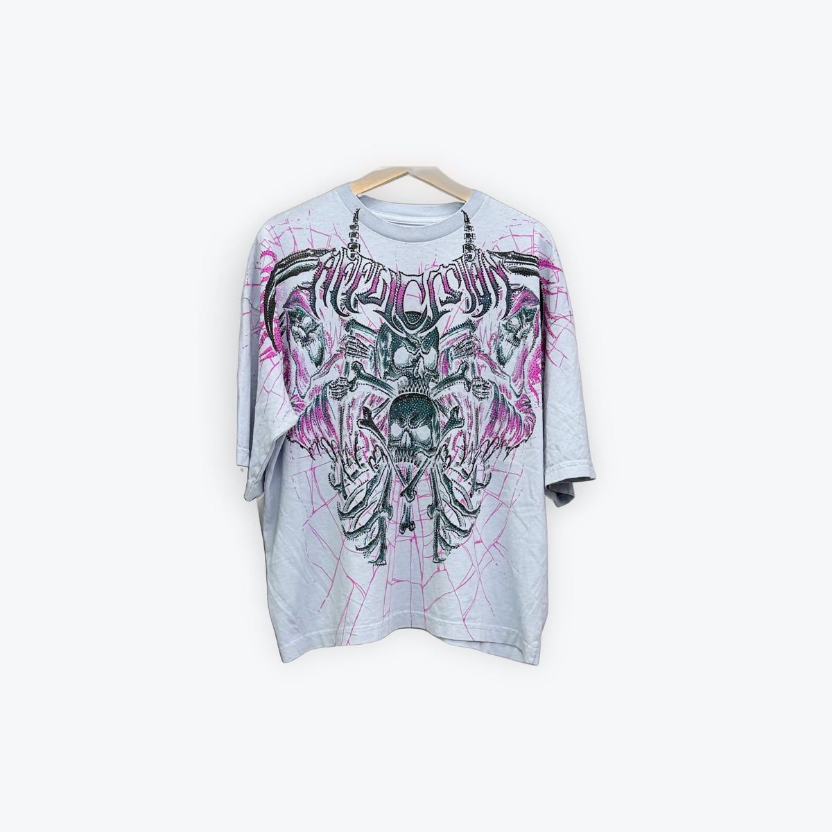 Affliction Rhinestone Two Skull Tee Pink/Blue Preloved