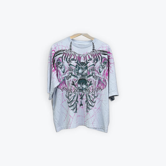 Affliction Rhinestone Two Skull Tee Pink/Blue Preloved